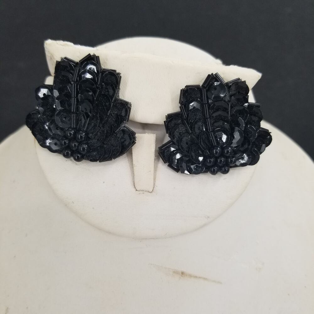 Vintage Black Fabric Sequins Beaded Post Earrings Costume Jewelry